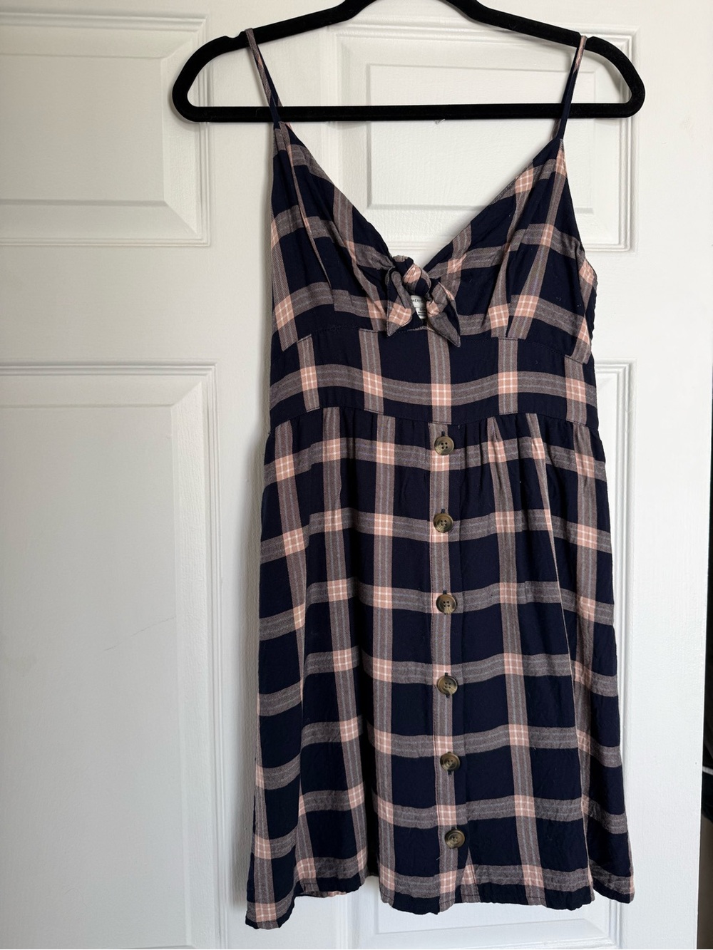 American Eagle Outfitters Navy and Blush Plaid Tie-Front Dress